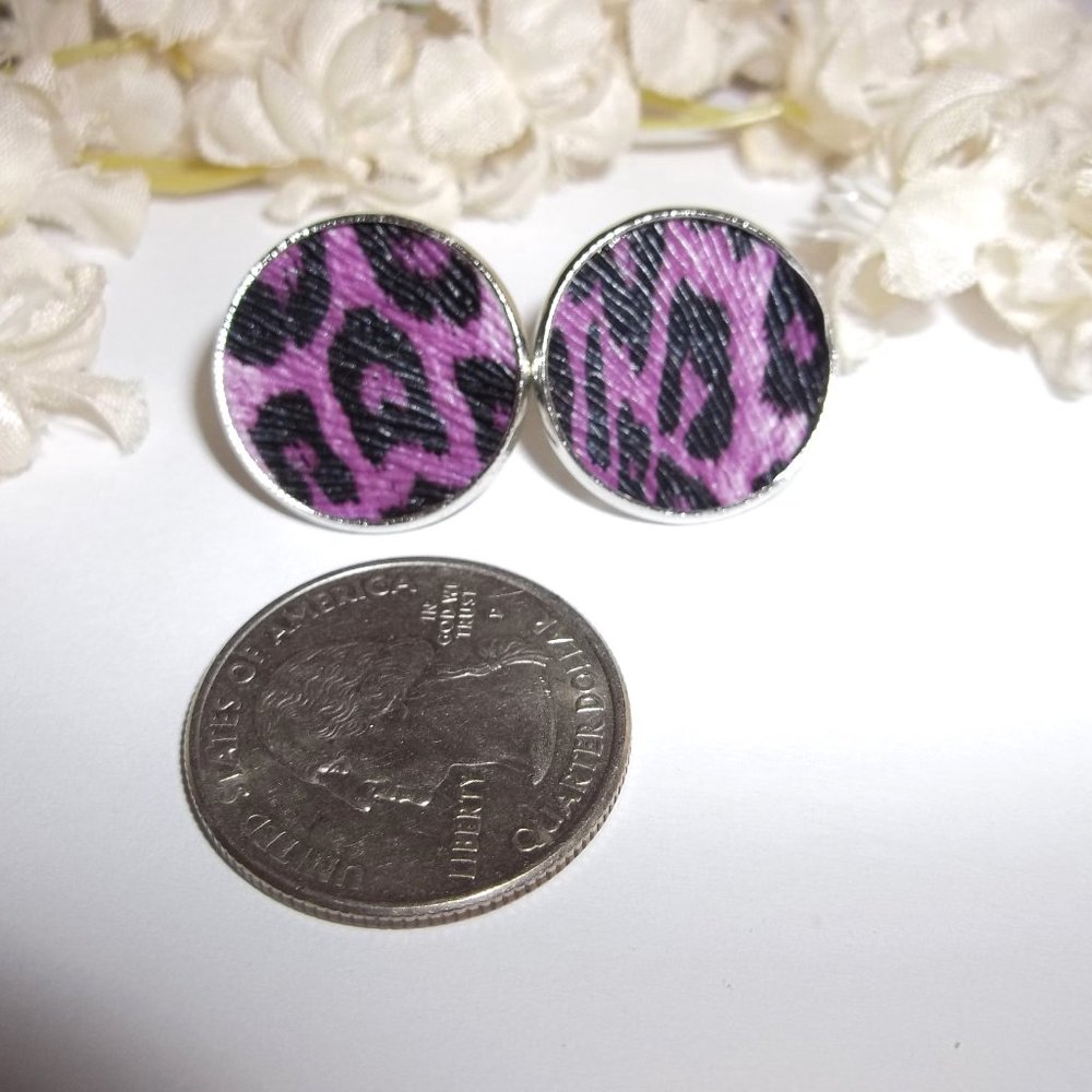 Animal Print Earrings Faux Leather Silver Post Stud Jewelry Purple Black A707 - Picture 2 of 6